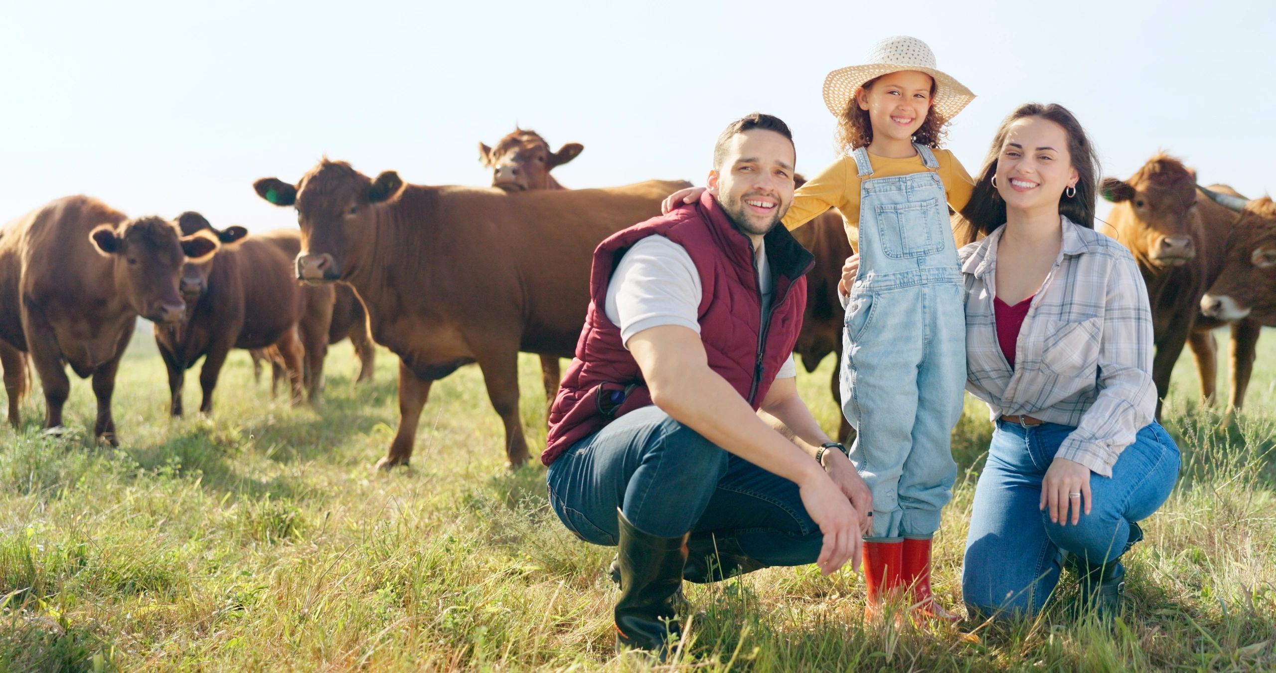 Farm, portrait and family bonding in nature, looking